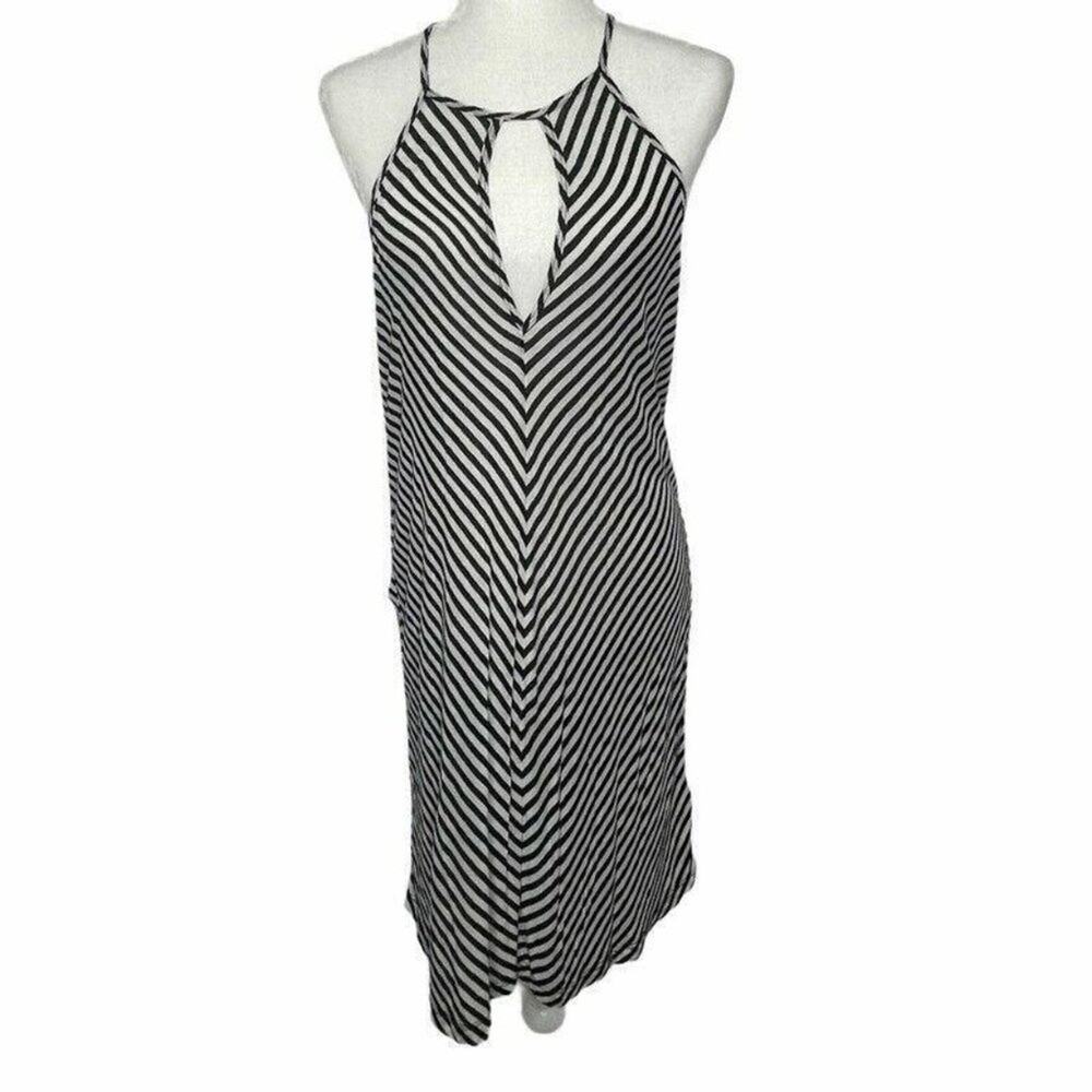 Splendid Sheath Dress Black Knee Length Striped Backless Sleeveless L